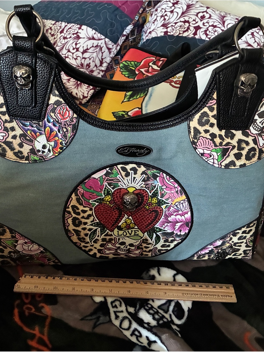 Ed Hardy Blue Canvas Shoulder Bag with Leopard, Pink Floral and Red Heart Motif